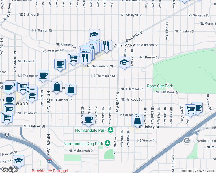 map of restaurants, bars, coffee shops, grocery stores, and more near 2107 Northeast 56th Avenue in Portland