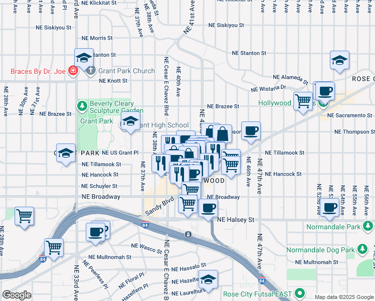 map of restaurants, bars, coffee shops, grocery stores, and more near 2204 Northeast 41st Avenue in Portland