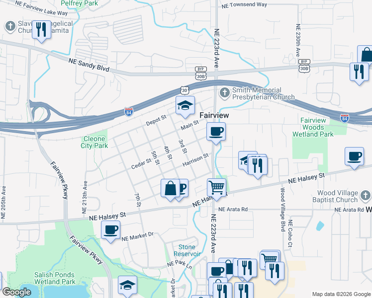 map of restaurants, bars, coffee shops, grocery stores, and more near 250 Cedar Street in Fairview