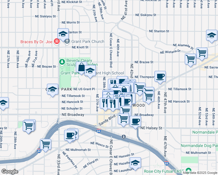 map of restaurants, bars, coffee shops, grocery stores, and more near 2205 Northeast Cesar E Chavez Boulevard in Portland