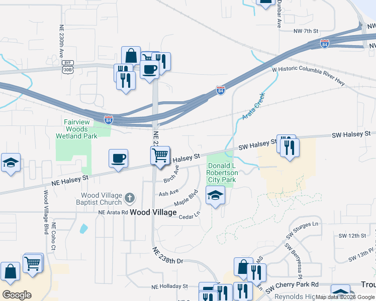 map of restaurants, bars, coffee shops, grocery stores, and more near 2075 Northeast 240th Avenue in Wood Village
