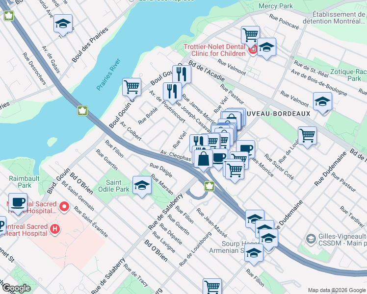 map of restaurants, bars, coffee shops, grocery stores, and more near 12085 Place Cleophas Soucy in Montréal