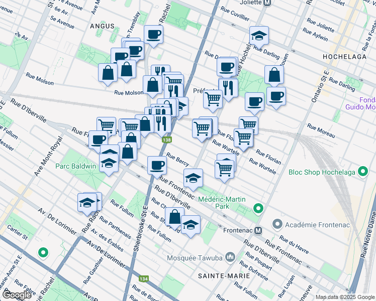 map of restaurants, bars, coffee shops, grocery stores, and more near 2551 Rue Hogan in Montreal