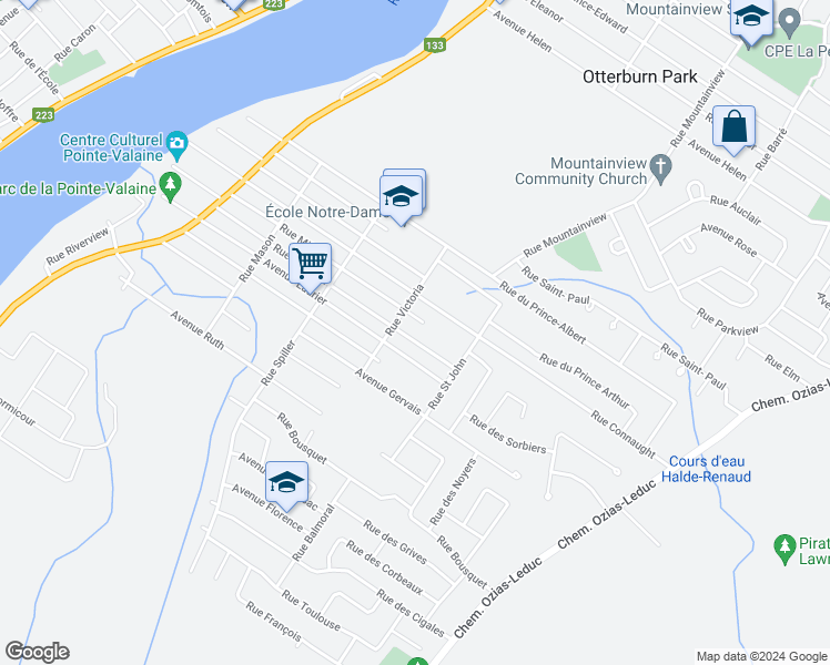 map of restaurants, bars, coffee shops, grocery stores, and more near 361 Rue d'Oxford in Otterburn Park