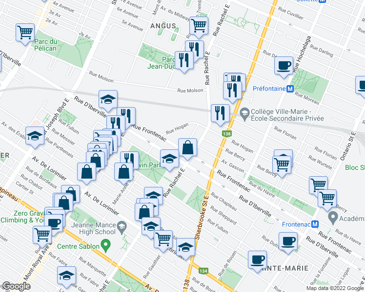 map of restaurants, bars, coffee shops, grocery stores, and more near 4247 Rue Frontenac in Montréal