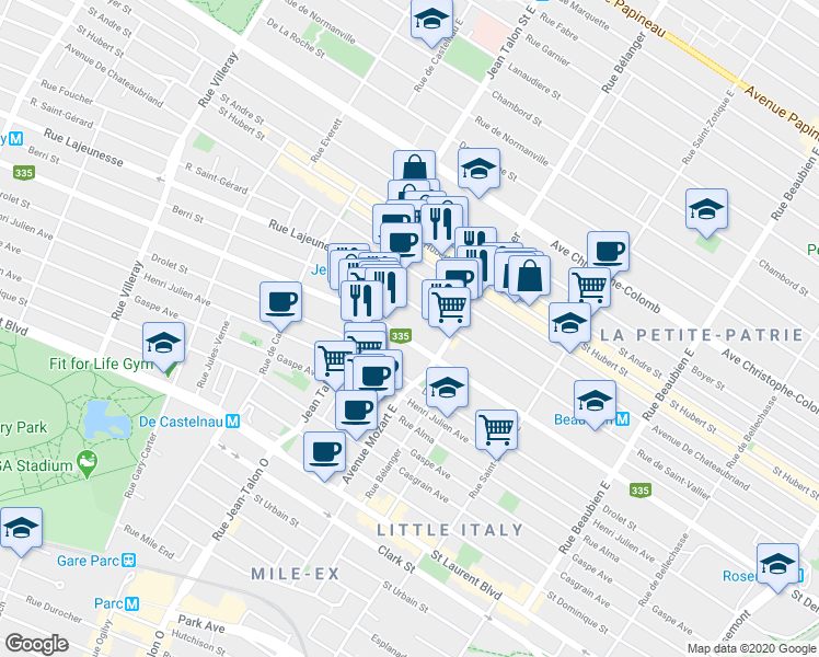 map of restaurants, bars, coffee shops, grocery stores, and more near 7039 Rue Saint-Denis in Montréal