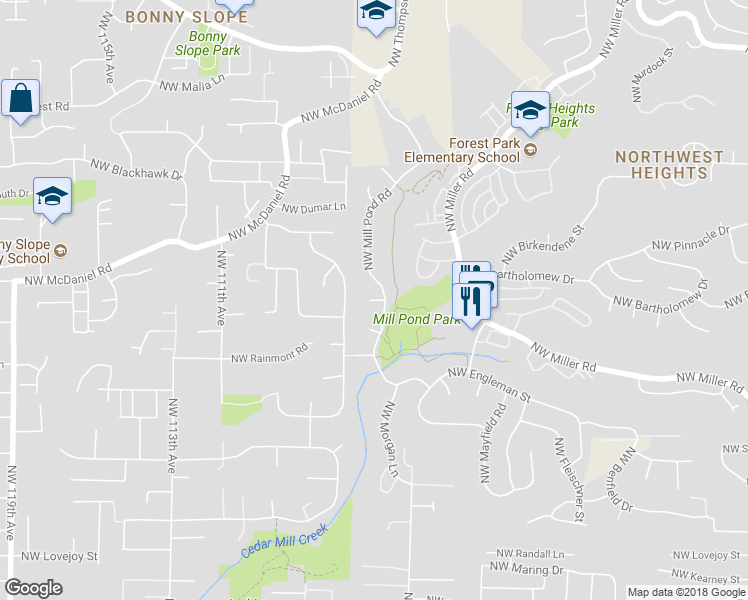 map of restaurants, bars, coffee shops, grocery stores, and more near 10467 Northwest Mayer Court in Portland