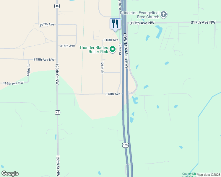 map of restaurants, bars, coffee shops, grocery stores, and more near 31310 125th Street in Princeton