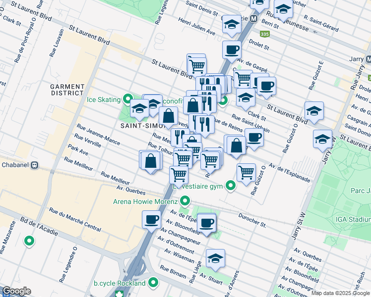 map of restaurants, bars, coffee shops, grocery stores, and more near 255 Boulevard Crémazie Est in Montréal