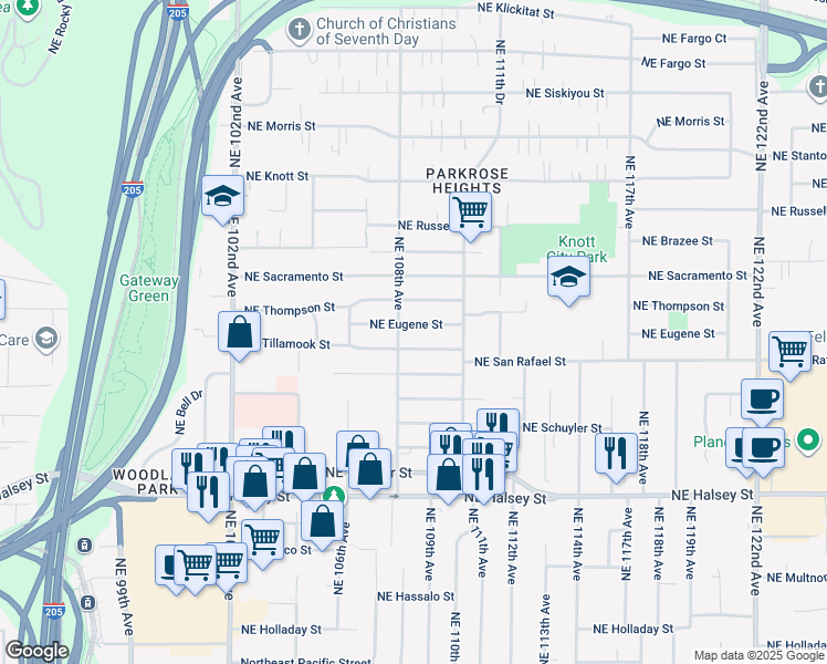 map of restaurants, bars, coffee shops, grocery stores, and more near 10820 Northeast Eugene Street in Portland