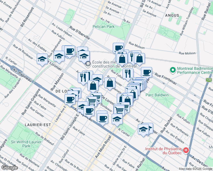map of restaurants, bars, coffee shops, grocery stores, and more near 4848 Rue Parthenais in Montréal