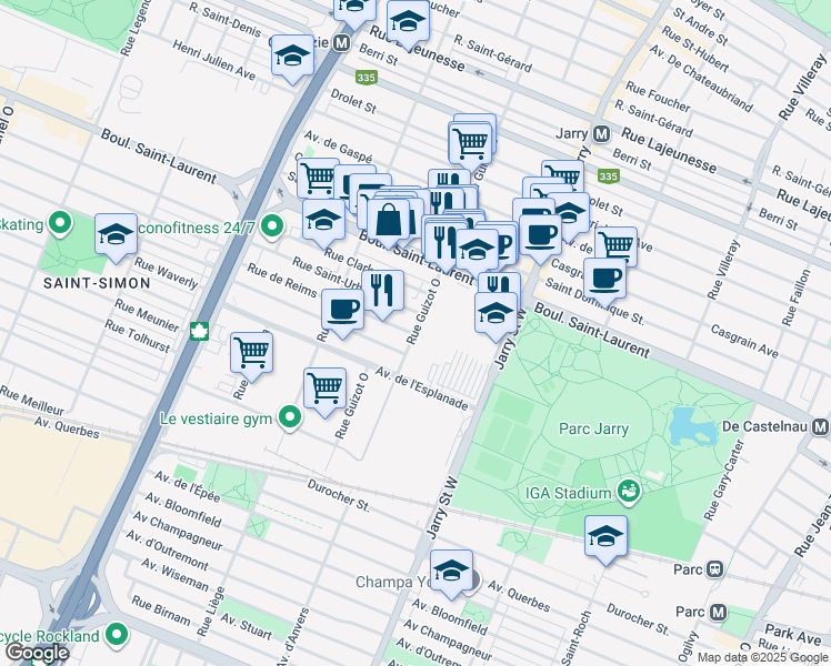 map of restaurants, bars, coffee shops, grocery stores, and more near 90 Rue Guizot Ouest in Montreal