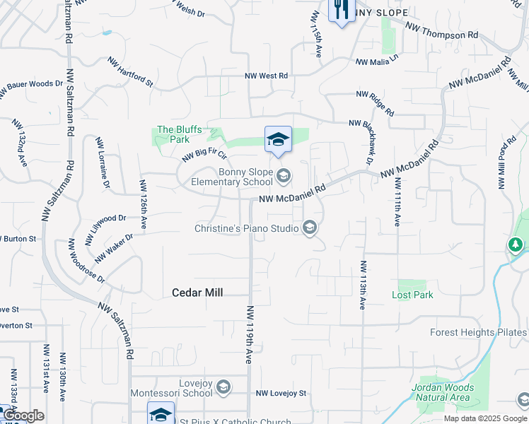 map of restaurants, bars, coffee shops, grocery stores, and more near 11860 Northwest Marylee Court in Portland