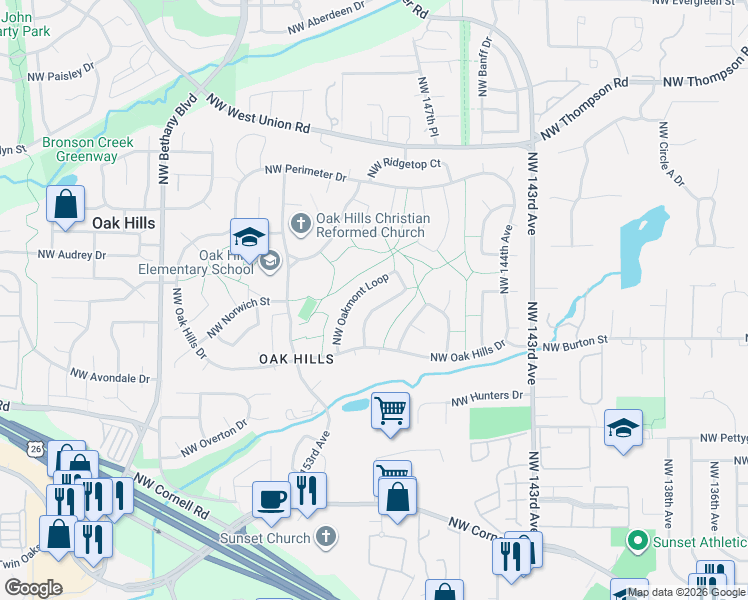 map of restaurants, bars, coffee shops, grocery stores, and more near 15095 Northwest Oakmont Loop in Beaverton