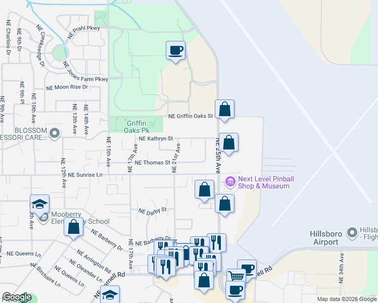 map of restaurants, bars, coffee shops, grocery stores, and more near 1867 Northeast 23rd Court in Hillsboro