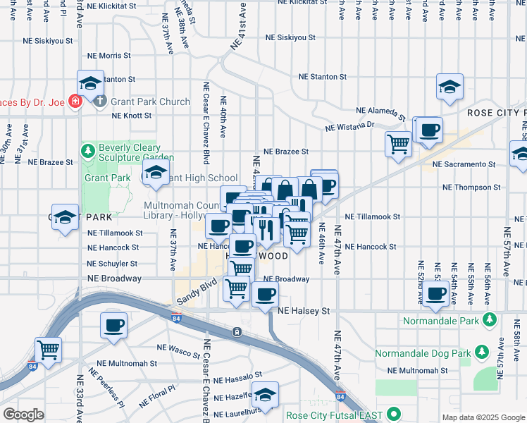 map of restaurants, bars, coffee shops, grocery stores, and more near 2205 Northeast 43rd Avenue in Portland