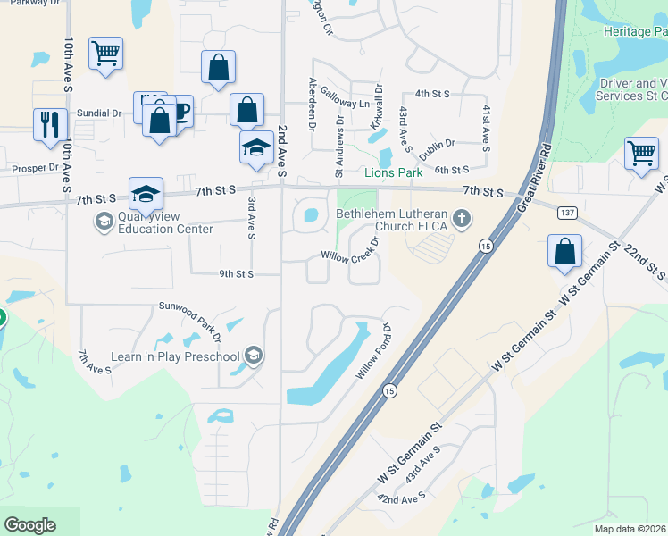 map of restaurants, bars, coffee shops, grocery stores, and more near 855 Willow View Lane in Waite Park