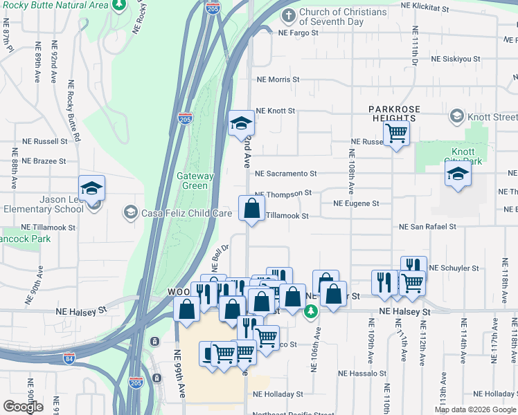 map of restaurants, bars, coffee shops, grocery stores, and more near 10231 Northeast Tillamook Street in Portland