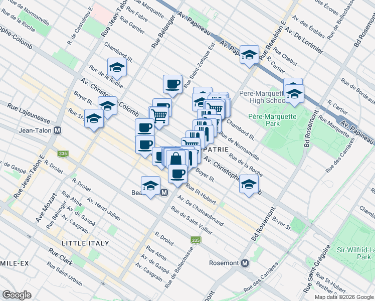 map of restaurants, bars, coffee shops, grocery stores, and more near 6558 Avenue Christophe-Colomb in Montréal