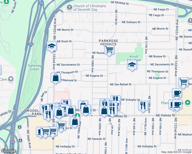 map of restaurants, bars, coffee shops, grocery stores, and more near 10820 Northeast Eugene Street in Portland