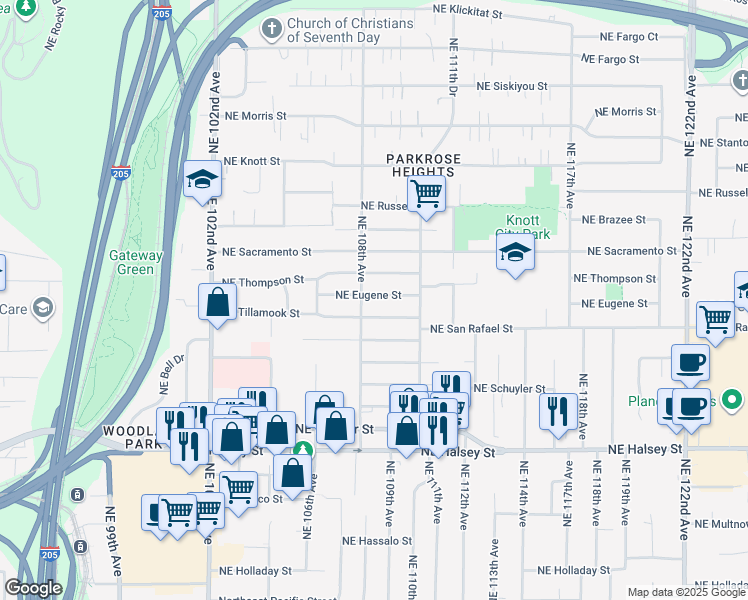 map of restaurants, bars, coffee shops, grocery stores, and more near 10820 Northeast Eugene Street in Portland