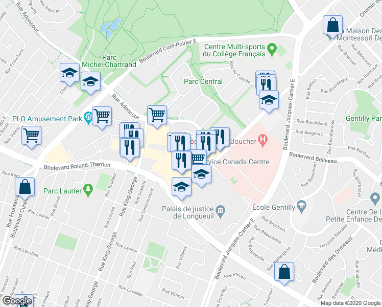map of restaurants, bars, coffee shops, grocery stores, and more near 1043 Rue du Faubourg in Longueuil