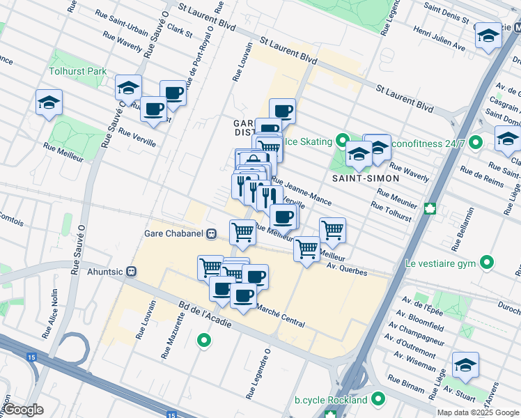 map of restaurants, bars, coffee shops, grocery stores, and more near 9250 Avenue du Parc in Montreal