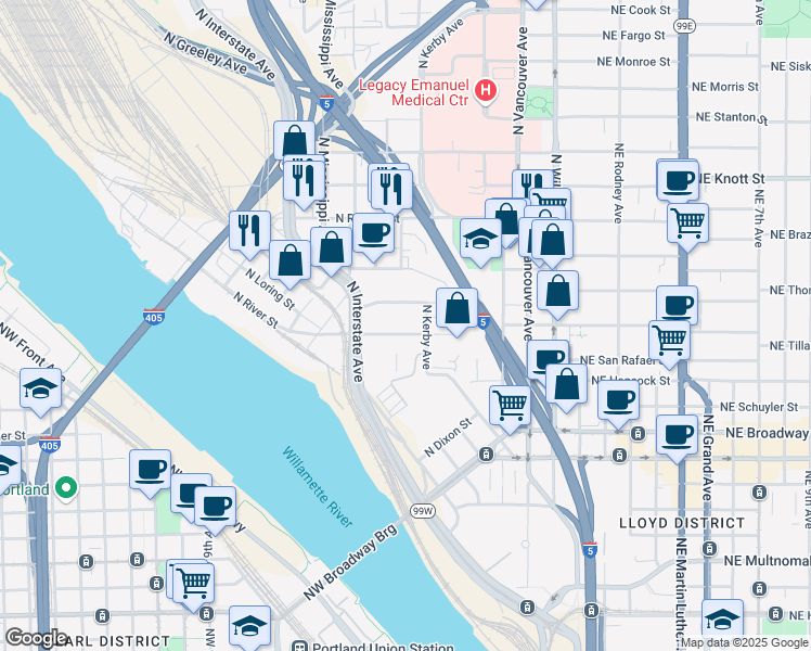 map of restaurants, bars, coffee shops, grocery stores, and more near 660 N Thompson St in Portland