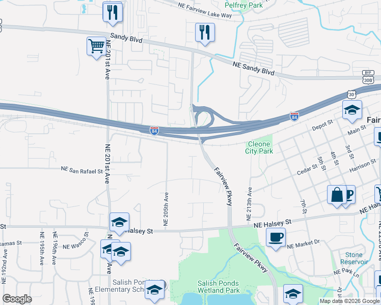 map of restaurants, bars, coffee shops, grocery stores, and more near 20661 Northeast Thompson Terrace in Fairview