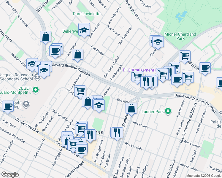 map of restaurants, bars, coffee shops, grocery stores, and more near 694 Rue Lamarre in Longueuil