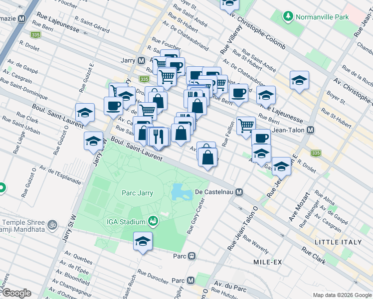 map of restaurants, bars, coffee shops, grocery stores, and more near 7686 Avenue Casgrain in Montréal