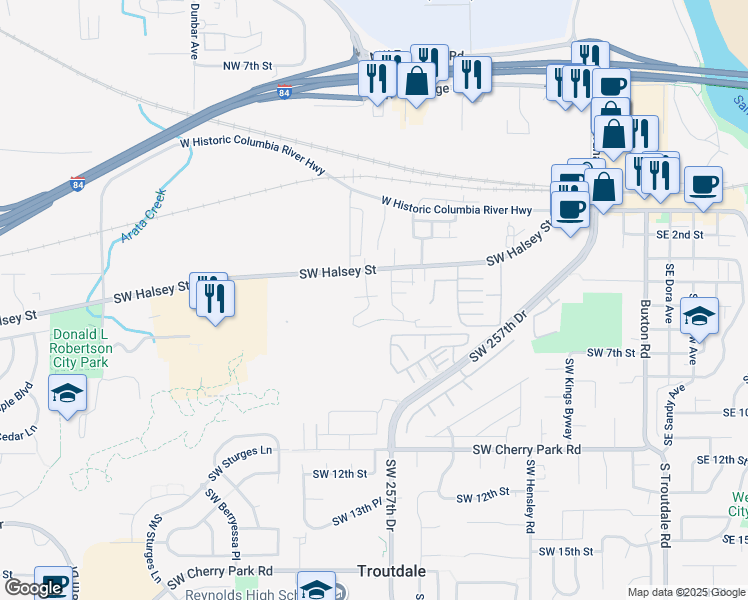 map of restaurants, bars, coffee shops, grocery stores, and more near 1324 Southwest Edgefield Meadows Terrace in Troutdale
