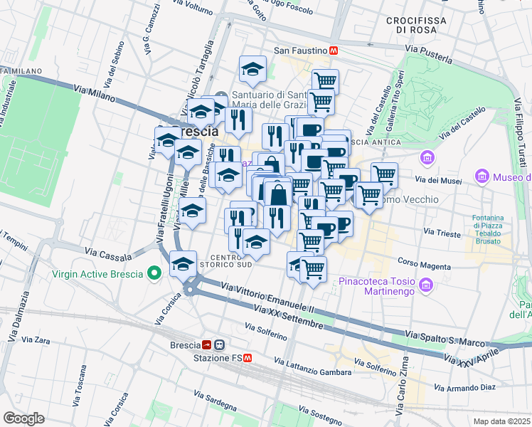 map of restaurants, bars, coffee shops, grocery stores, and more near 14 Via Dante Alighieri in Brescia