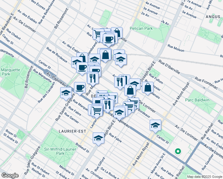 map of restaurants, bars, coffee shops, grocery stores, and more near 5175 Rue de Bordeaux in Montréal