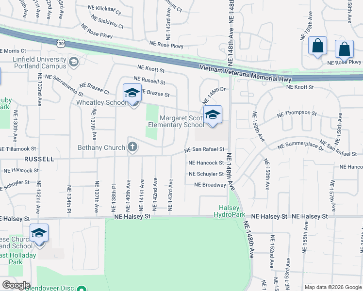 map of restaurants, bars, coffee shops, grocery stores, and more near 2021 Northeast 144th Avenue in Portland