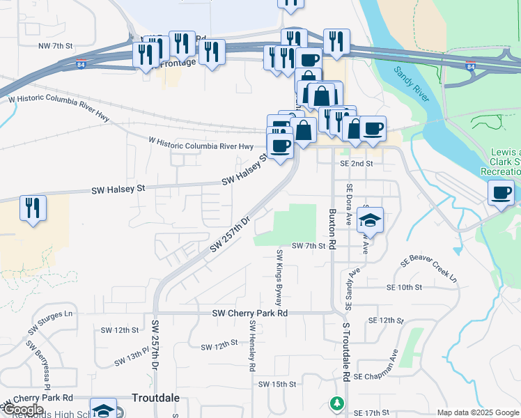 map of restaurants, bars, coffee shops, grocery stores, and more near 518 Southwest 257th Drive in Troutdale