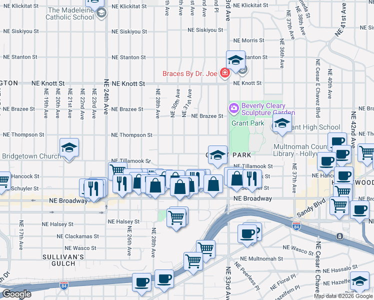 map of restaurants, bars, coffee shops, grocery stores, and more near 2210 Northeast 31st Avenue in Portland