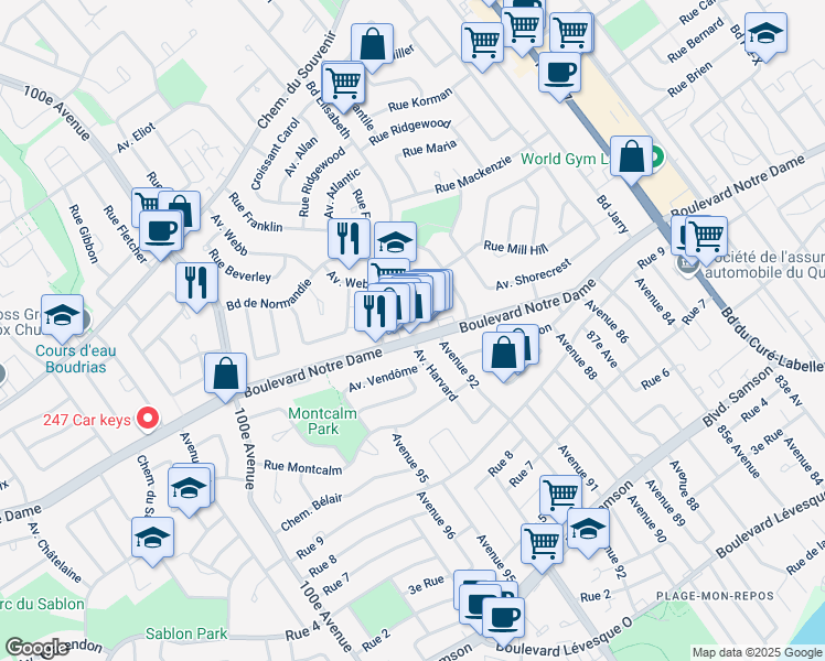 map of restaurants, bars, coffee shops, grocery stores, and more near 4343 Boulevard Notre Dame in Laval