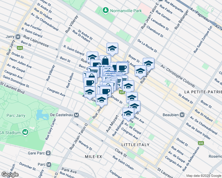 map of restaurants, bars, coffee shops, grocery stores, and more near 7160 Rue Saint-Denis in Montréal