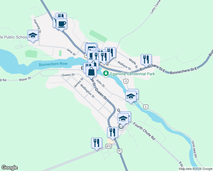 map of restaurants, bars, coffee shops, grocery stores, and more near 203 John Street in Eganville
