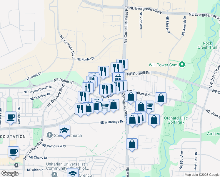 map of restaurants, bars, coffee shops, grocery stores, and more near in Hillsboro