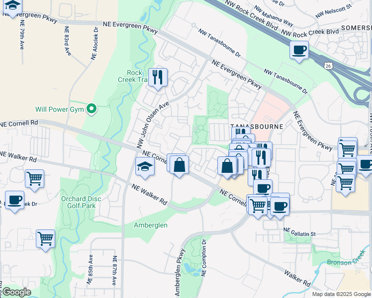 map of restaurants, bars, coffee shops, grocery stores, and more near 2718 Northeast Overlook Drive in Hillsboro