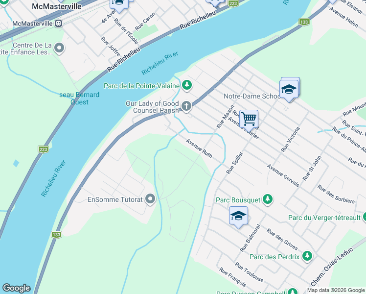 map of restaurants, bars, coffee shops, grocery stores, and more near 281 Rue Vigneault in Otterburn Park