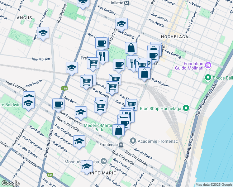 map of restaurants, bars, coffee shops, grocery stores, and more near 2244 Rue Florian in Montréal