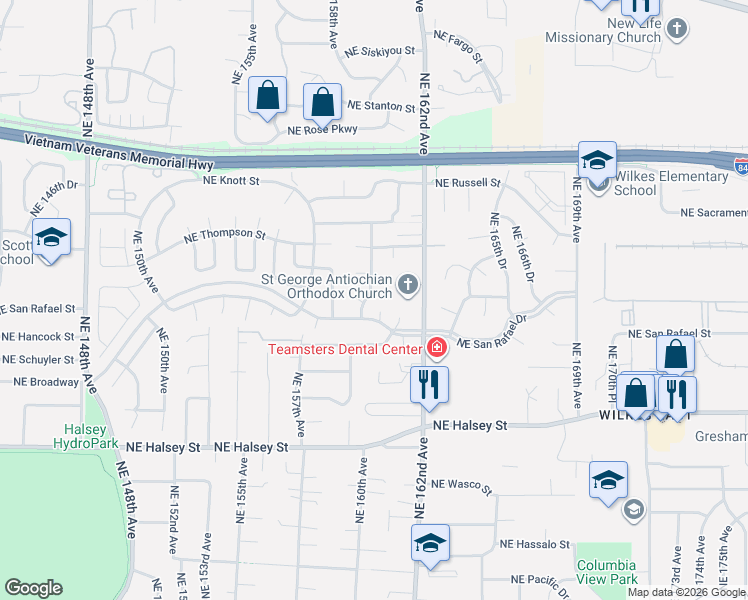 map of restaurants, bars, coffee shops, grocery stores, and more near 2128 Northeast 159th Avenue in Portland