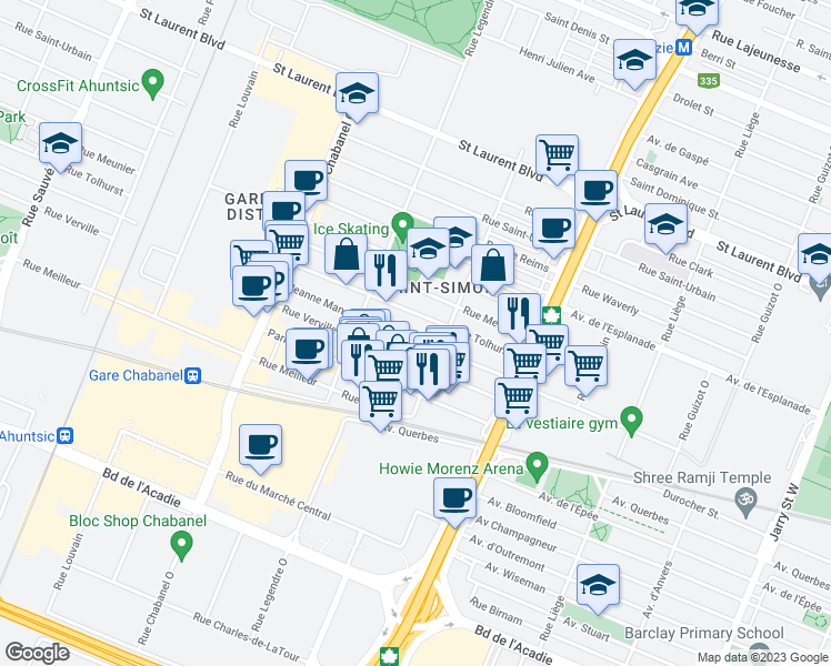 map of restaurants, bars, coffee shops, grocery stores, and more near 8977 Rue Jeanne-Mance in Montréal