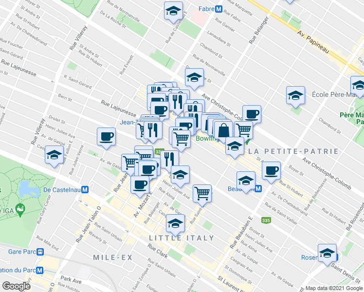 map of restaurants, bars, coffee shops, grocery stores, and more near 505 Rue Bélanger in Montreal