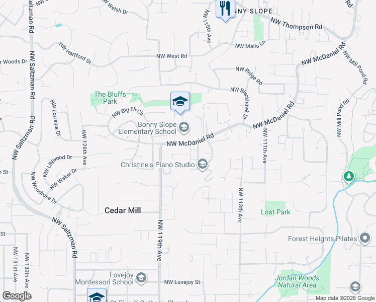 map of restaurants, bars, coffee shops, grocery stores, and more near 2587 Northwest Byrne Terrace in Portland