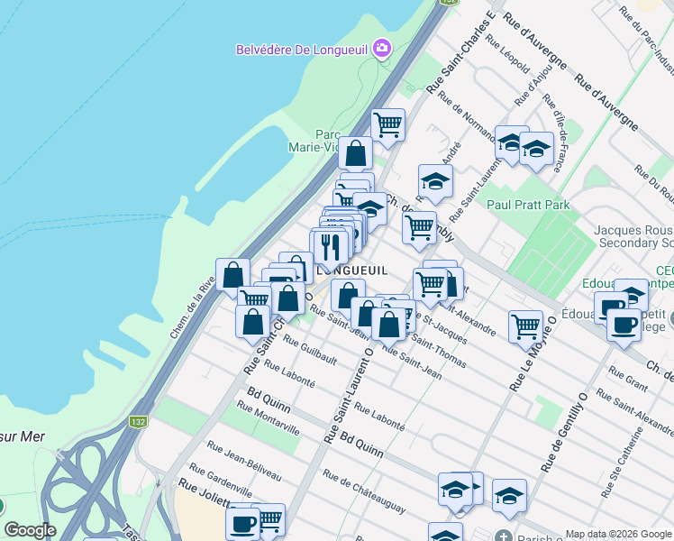 map of restaurants, bars, coffee shops, grocery stores, and more near 202 Rue Saint-Charles Ouest in Longueuil