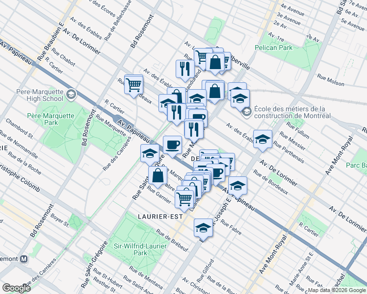 map of restaurants, bars, coffee shops, grocery stores, and more near Rue Cartier in Montréal